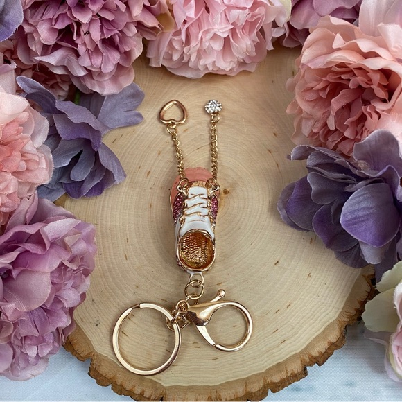 Pink and White Baby Tennis Shoe Crystal Keychain Charm - Picture 8 of 10